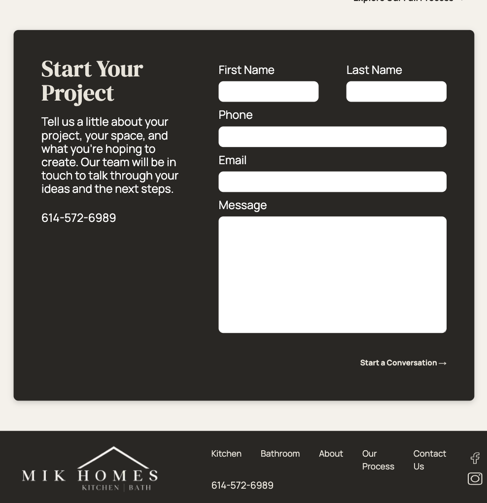 Final MIK Homes project inquiry form and footer