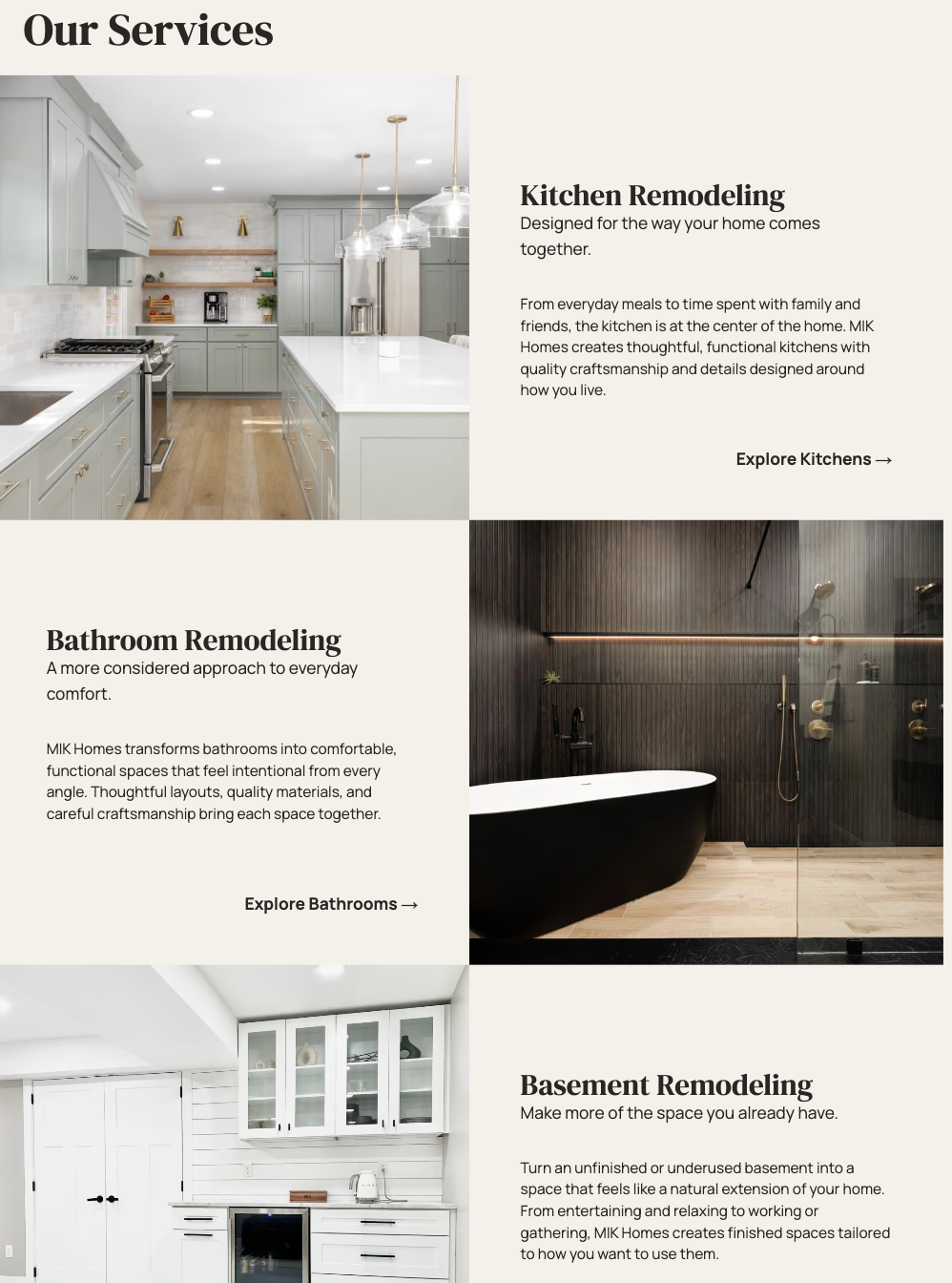 Final MIK Homes homepage services section for kitchen, bathroom, and basement remodeling