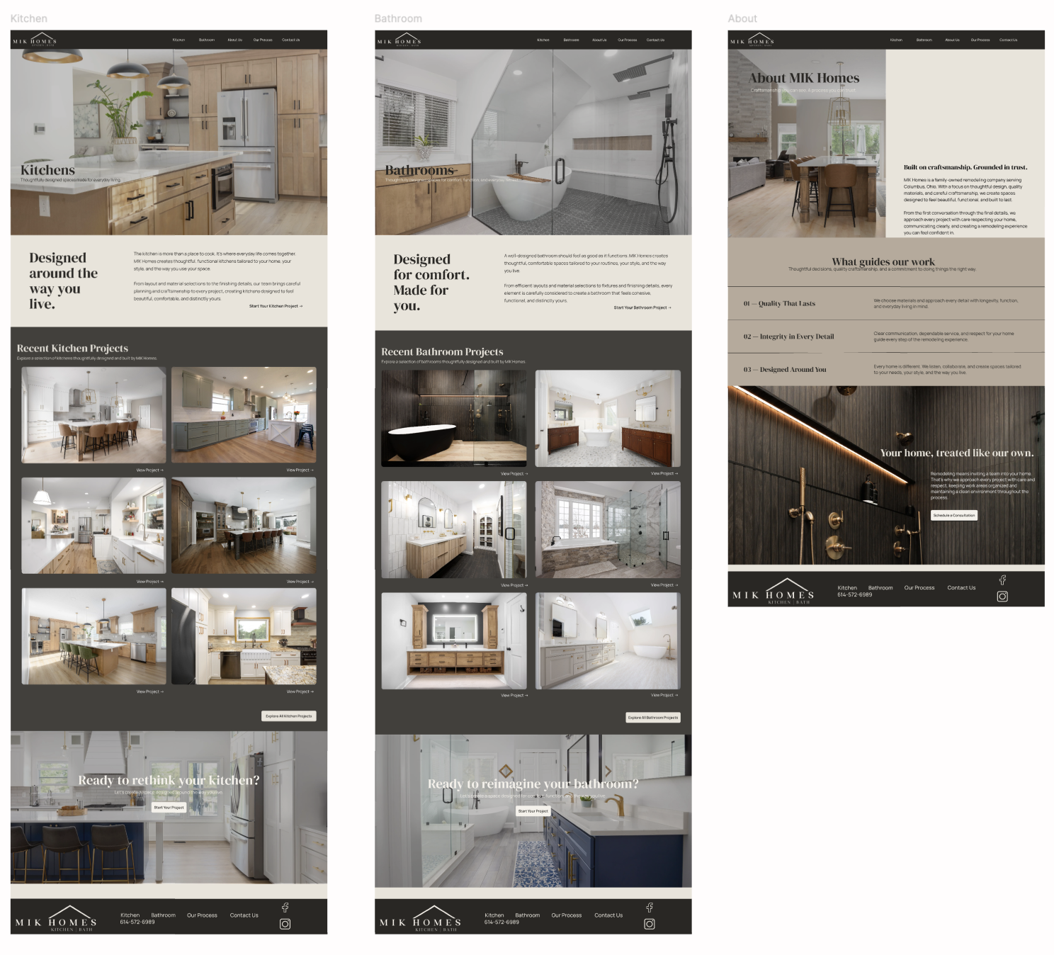 High-fidelity Kitchen, Bathroom, and About pages demonstrating the visual system across service and gallery interfaces
