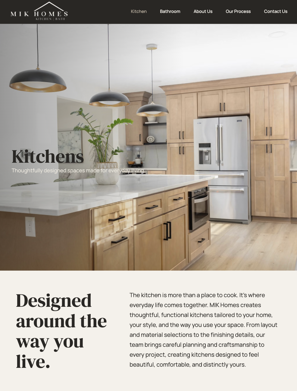 Final MIK Homes Kitchen page hero and introductory content