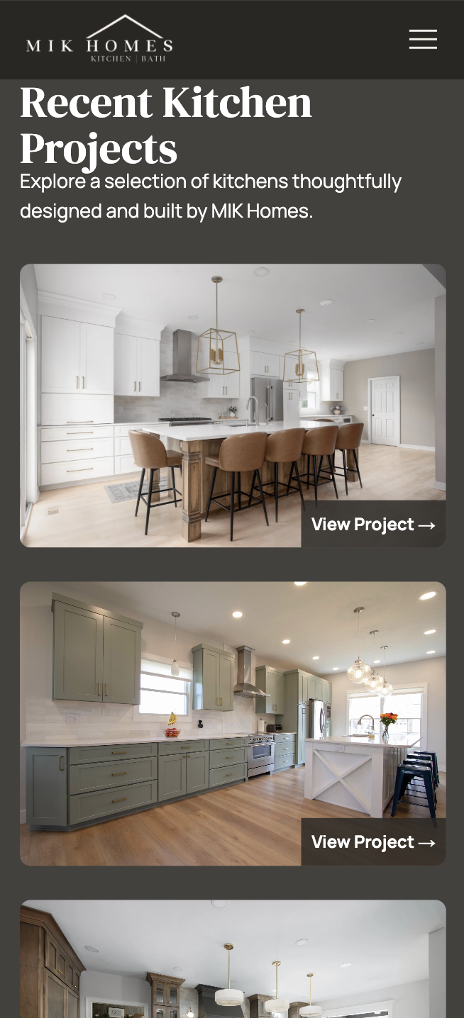 MIK Homes responsive Recent Kitchen Projects page showing project photography and View Project cards