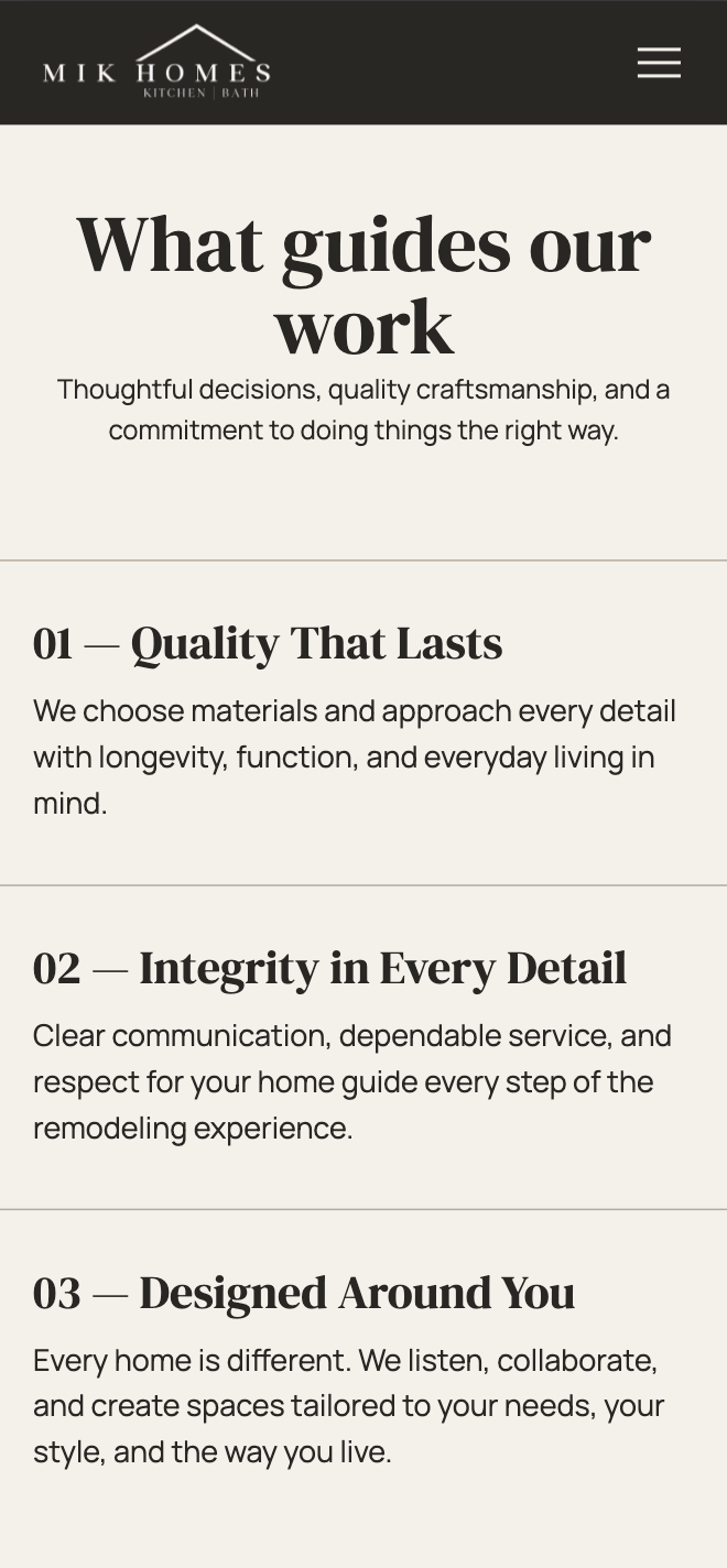 MIK Homes responsive What guides our work page showing Quality That Lasts, Integrity in Every Detail, and Designed Around You