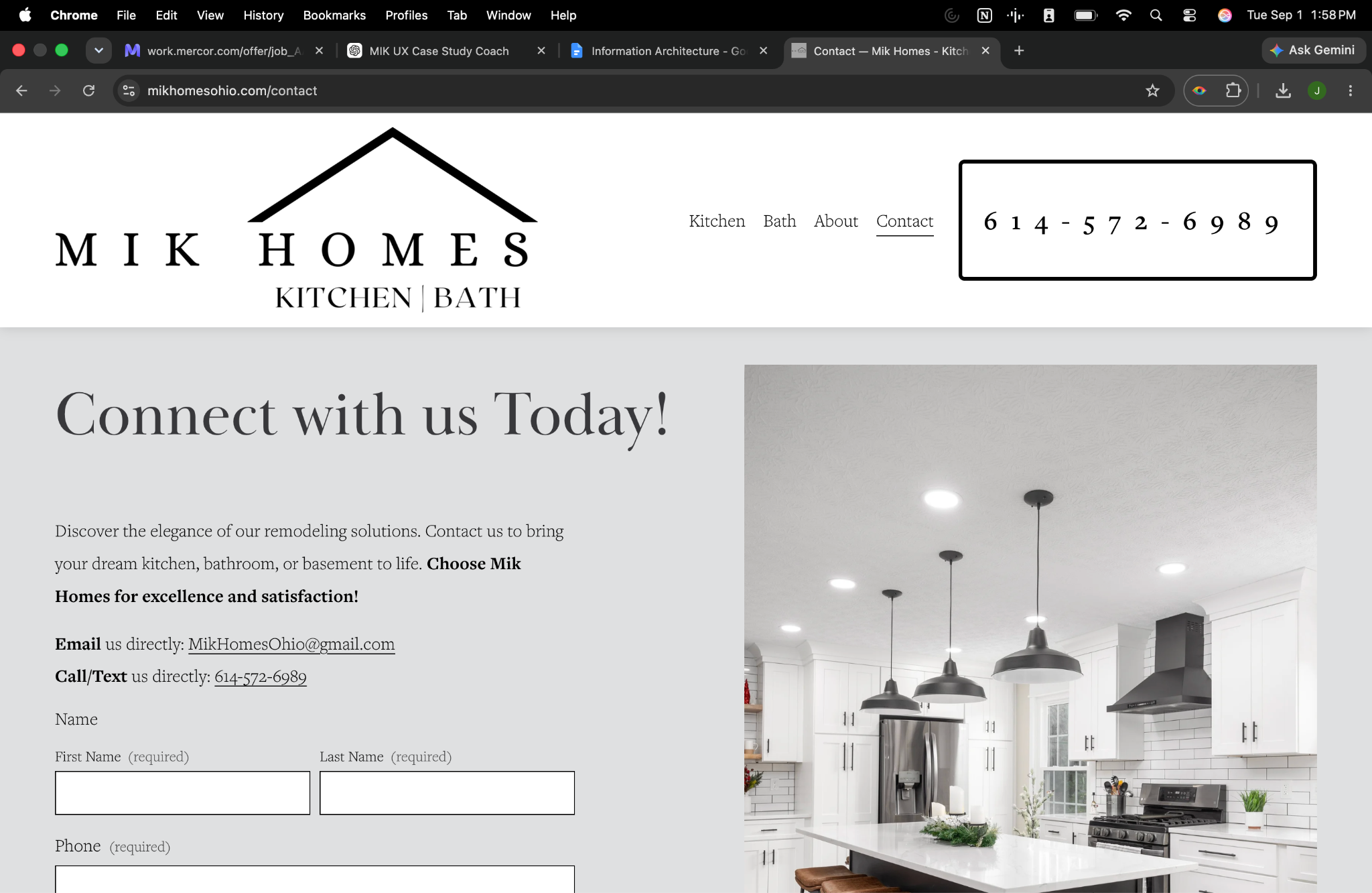 Original MIK Homes contact page with competing navigation, dense content, and repeated contact information