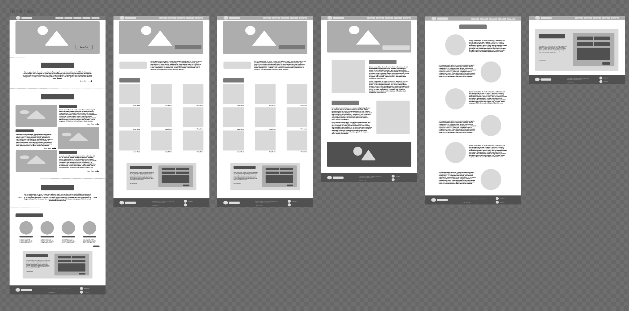 Low-fidelity desktop wireframes showing the planned homepage, service, about, process, and contact structures