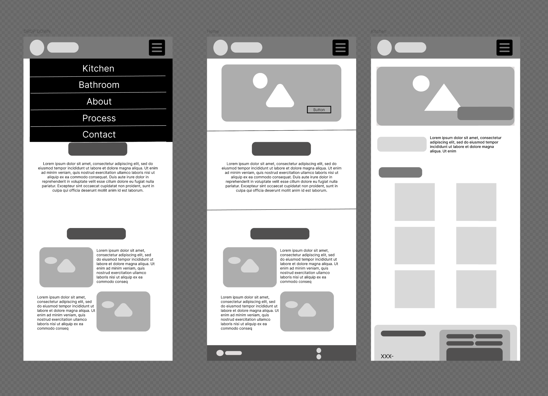 Mobile low-fidelity studies showing navigation, homepage, and service-page responsive structures