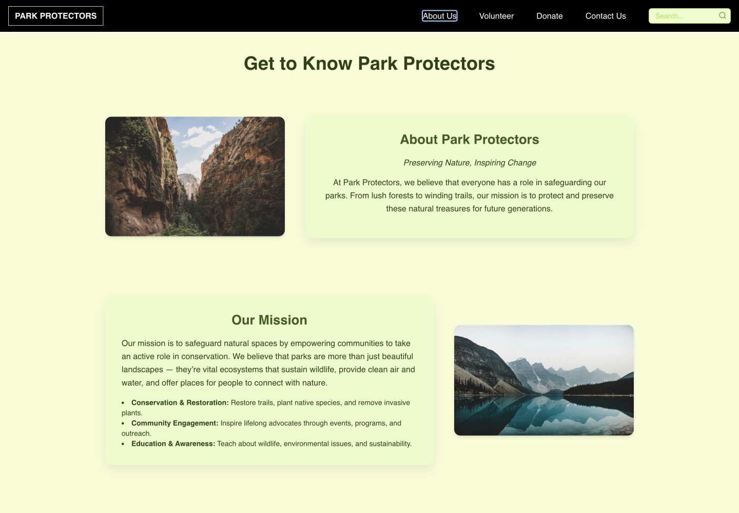 Park Protectors About page explaining the conservation mission