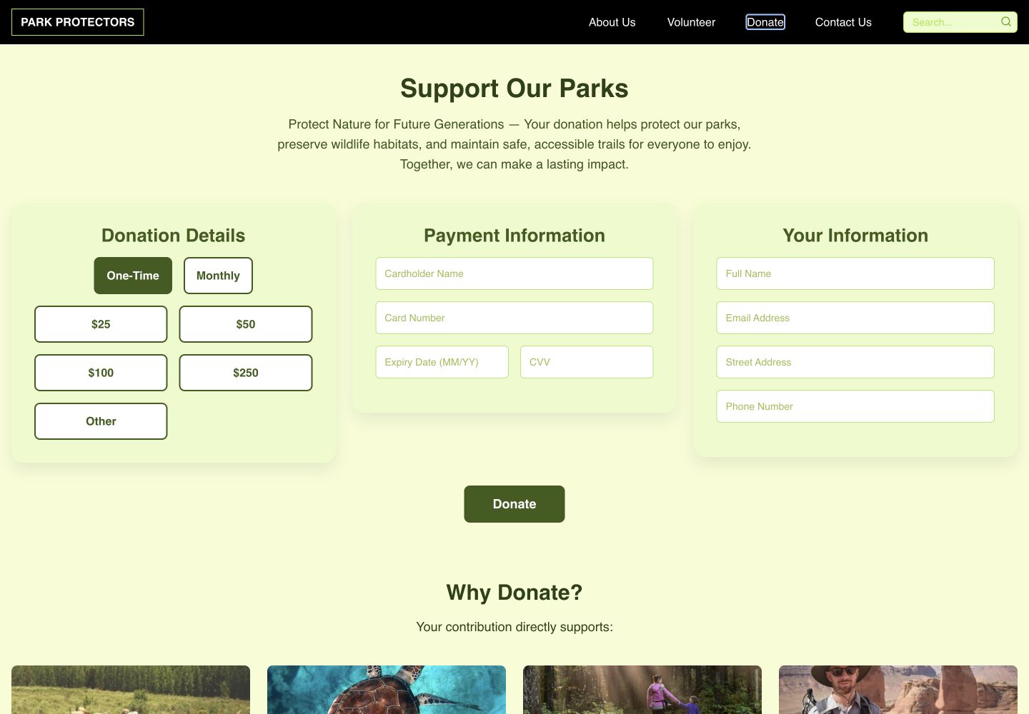 Park Protectors donation page front-end demonstration