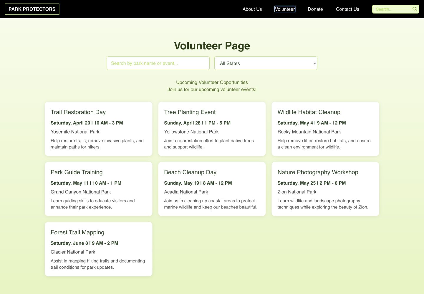 Volunteer page with search, state filter, and volunteer opportunity cards