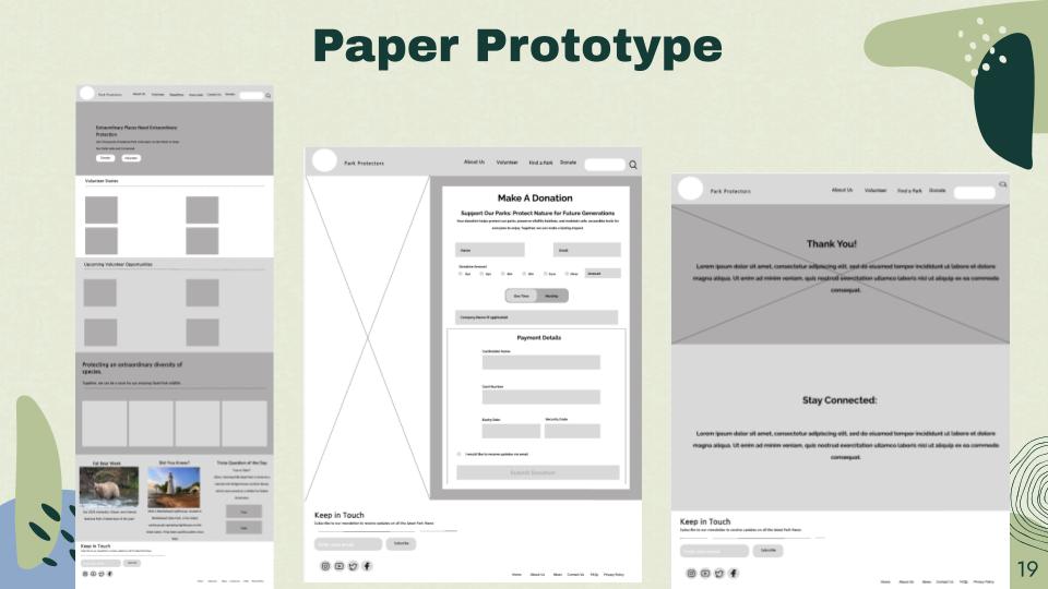 Park Protectors paper prototype screens