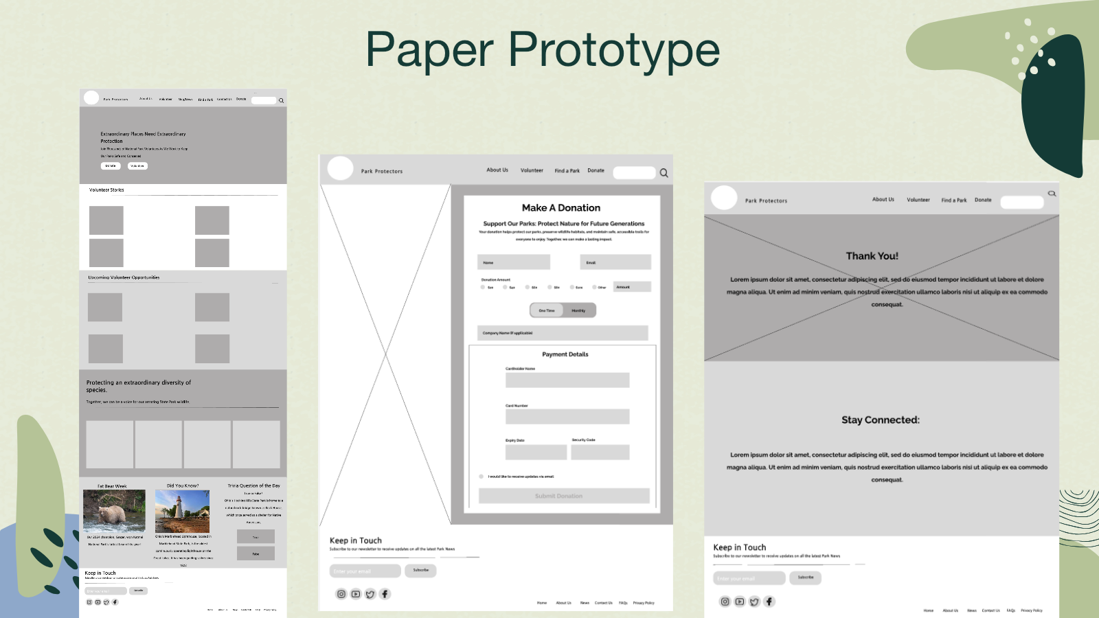 Paper prototype screens for Park Protectors