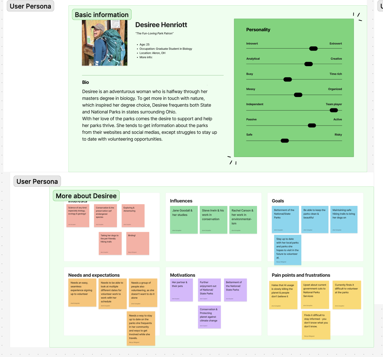 Desiree Henriott user persona with goals, motivations, interests, and pain points