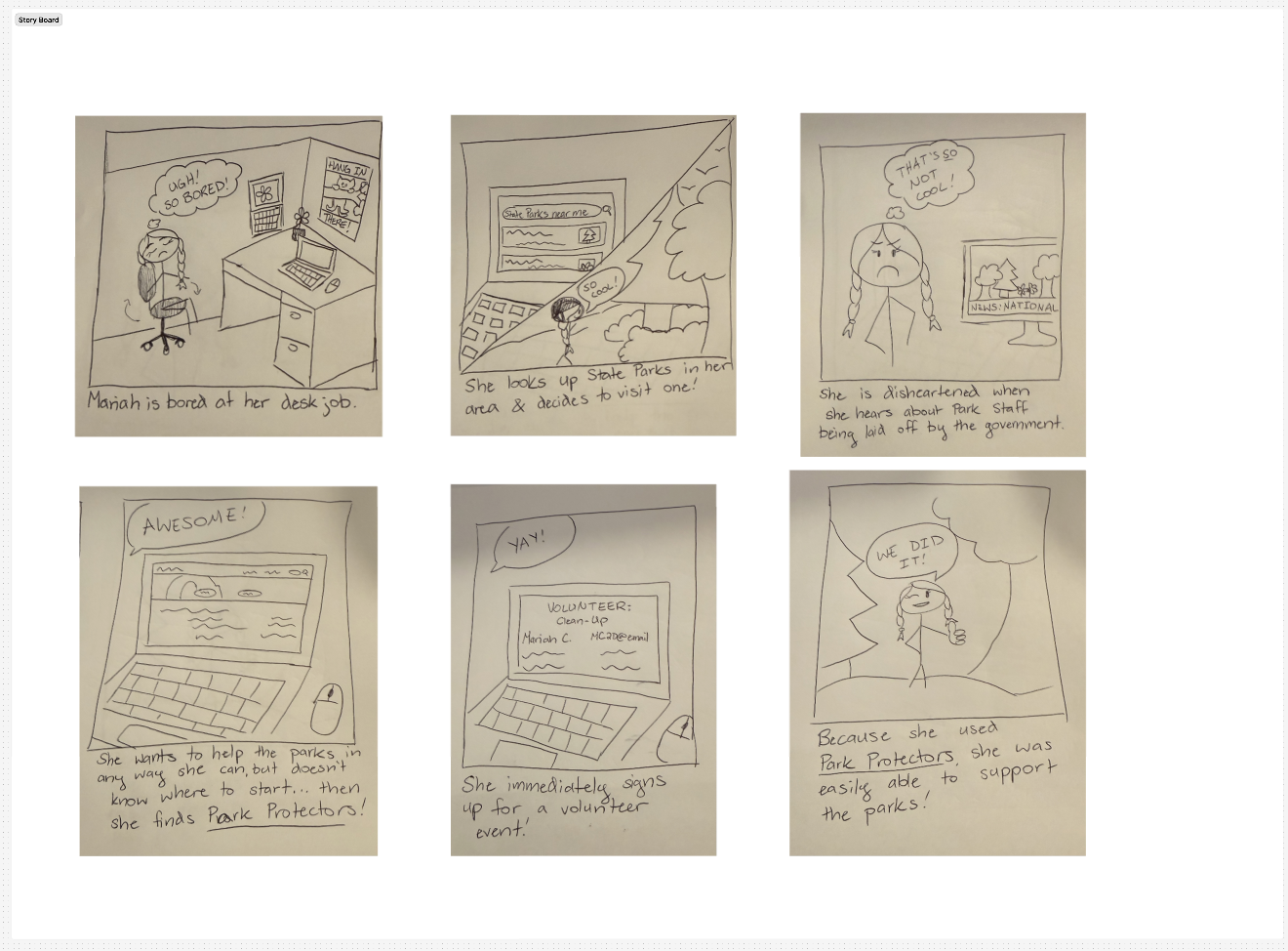 Six-panel storyboard showing Mariah finding Park Protectors and signing up to volunteer