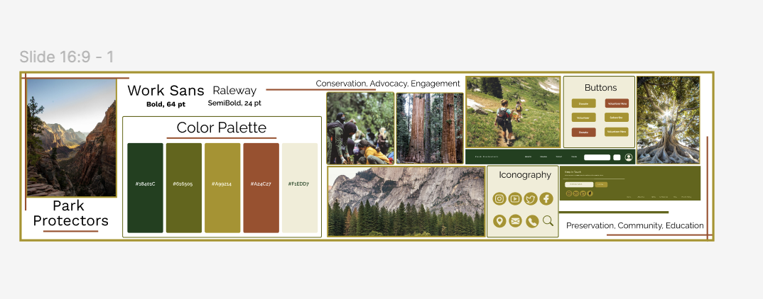 Original Park Protectors visual style guide with color palette, typography, imagery, buttons, and iconography