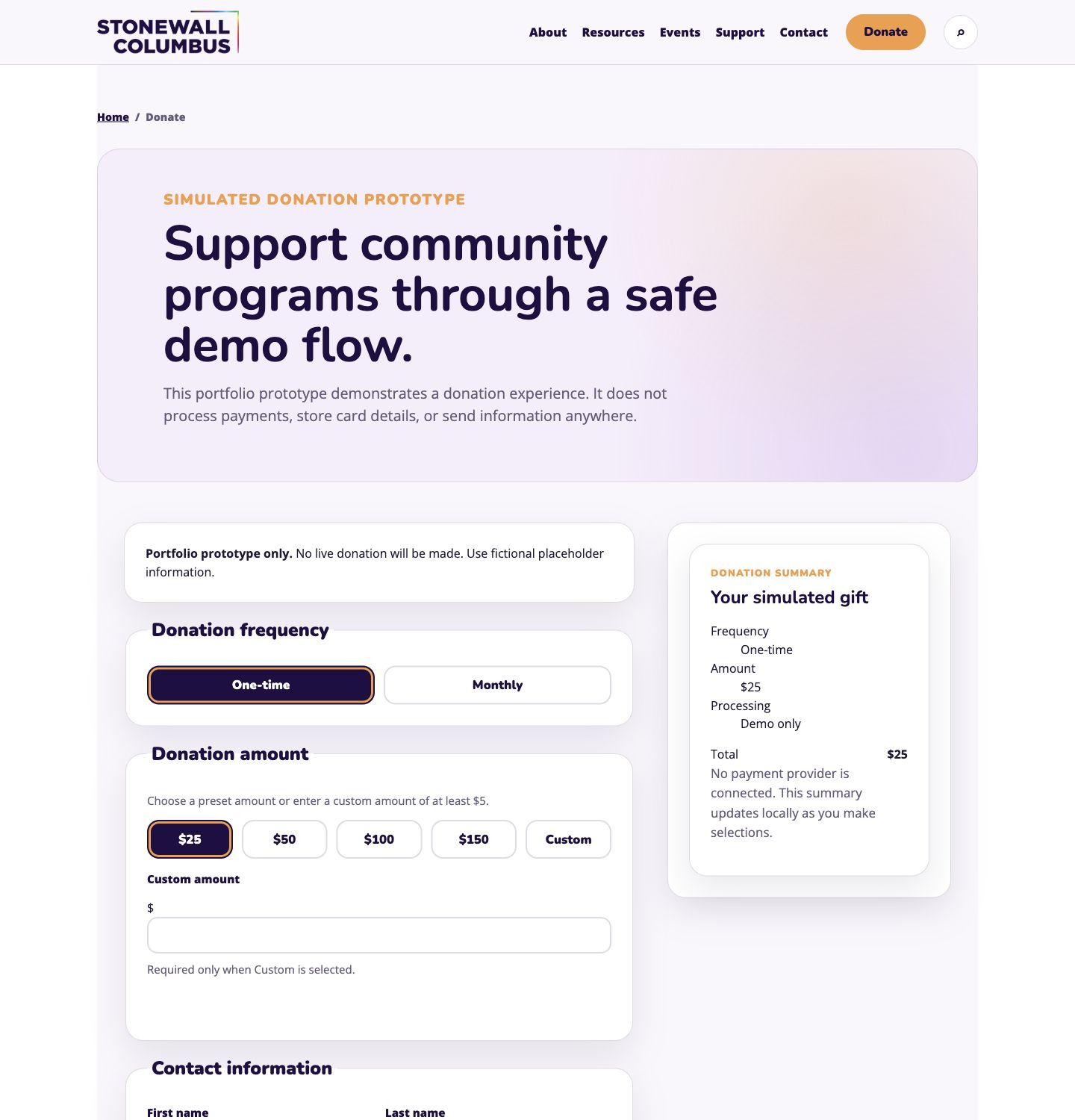 Live coded Stonewall Columbus simulated donation page