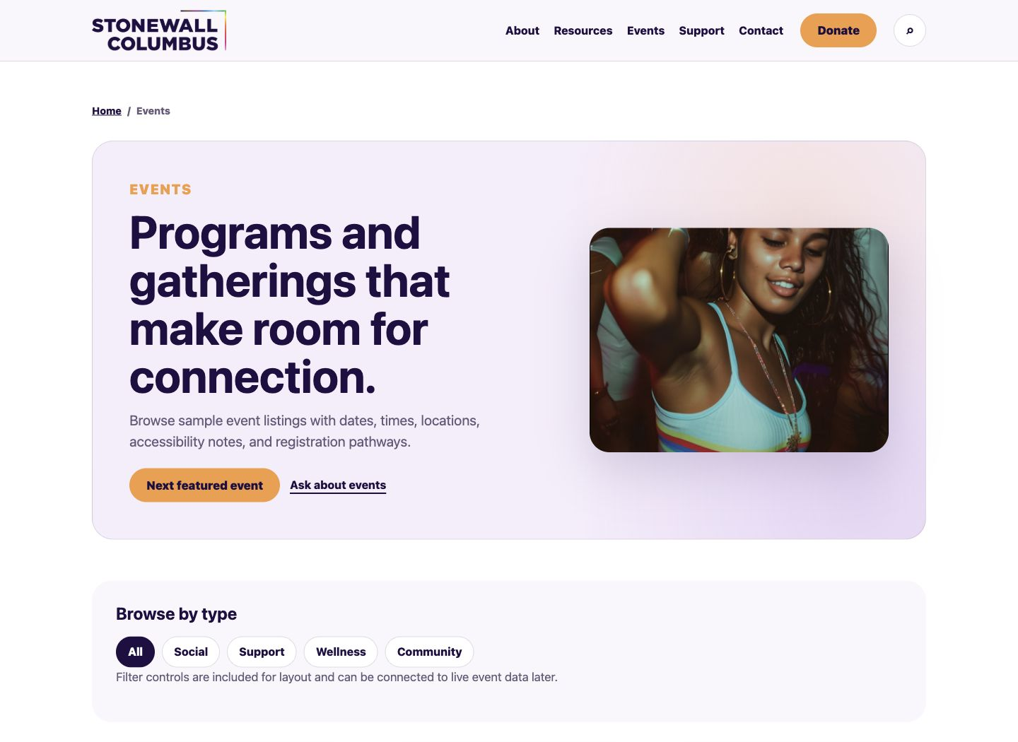 Live coded Stonewall Columbus events page