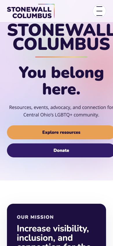 Stonewall Columbus coded homepage at mobile width with collapsed navigation