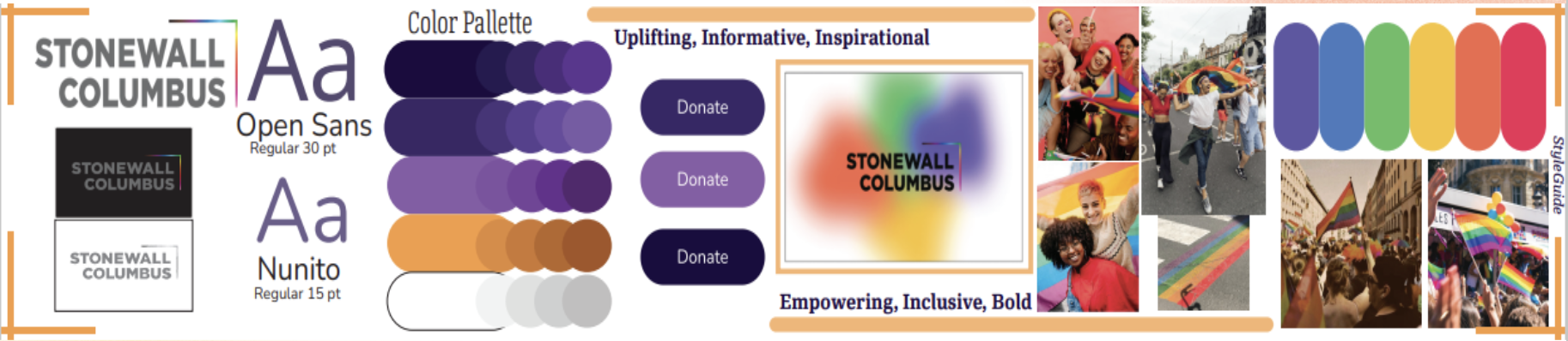 Stonewall Columbus style guide showing logos, color palette, typography, and buttons
