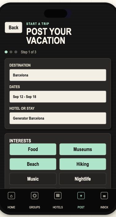 TRPN mobile create trip screen