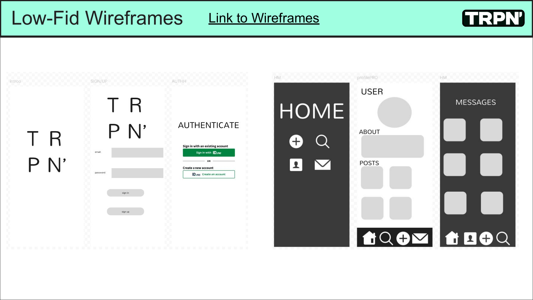 Early low-fidelity TRPN wireframes